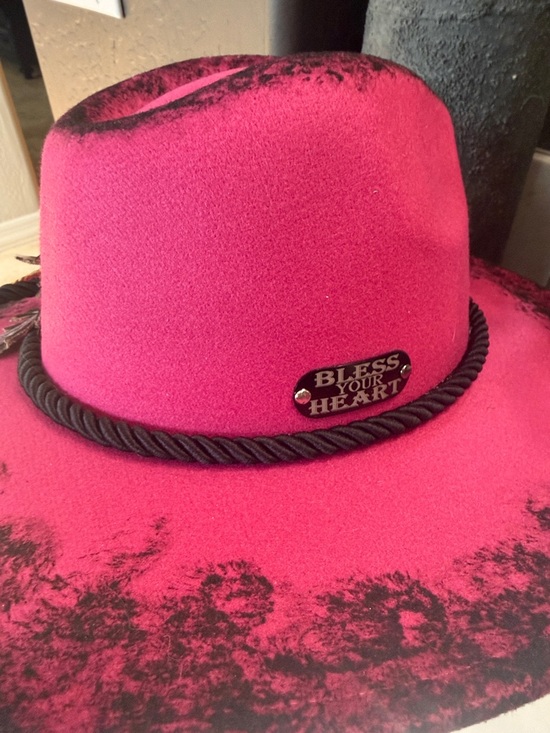 One of a kind Fuchsia Felt Cowboy Hat with Black Trim gold flake leather feather main image 4